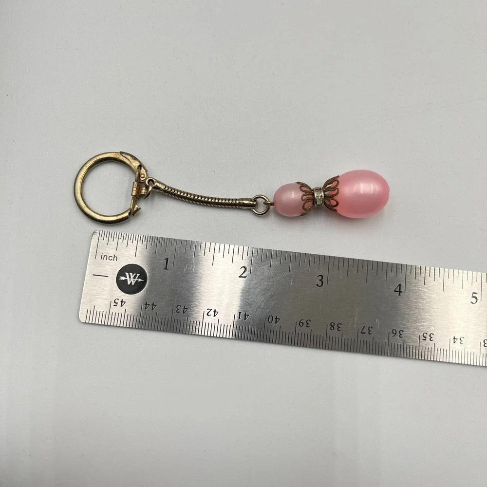 Vintage Retro Pink Moonglow Bead Keychain Gold Tone Snake Chain Rhinestone